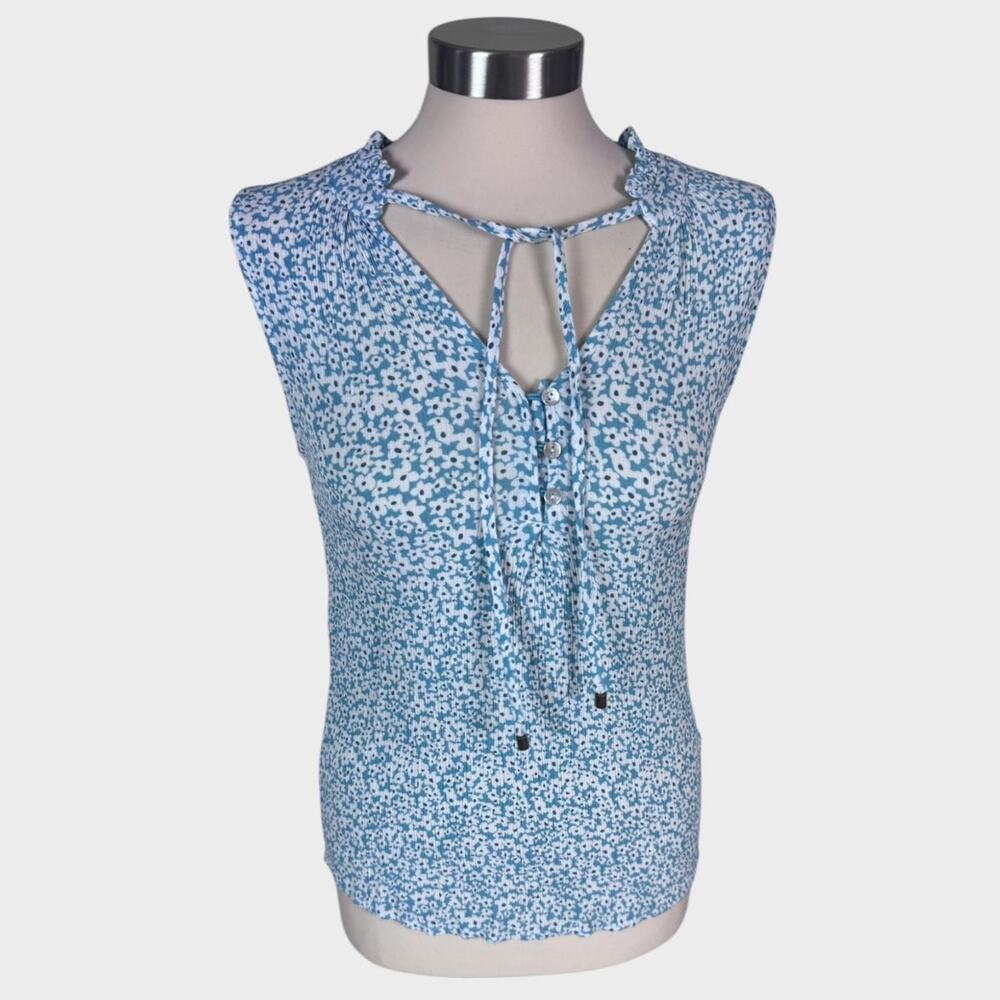 Market & Spruce Small Blue White Floral Sleeveless Tie Blouse 100% Rayon - Picture 2 of 8